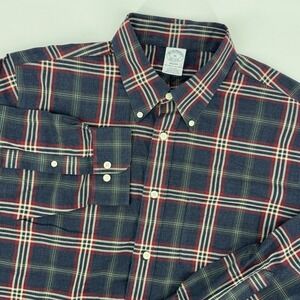 Brooks Brothers Regent Fit Plaid Button Down Shirt Mens XL Navy Red Green Cotton